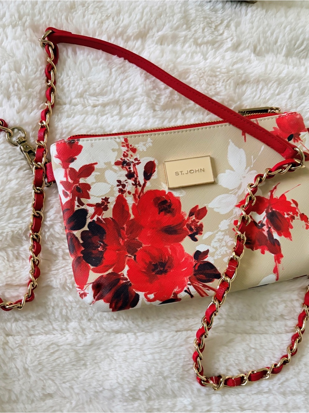 St. John Red Floral Crossbody with Gold Chain